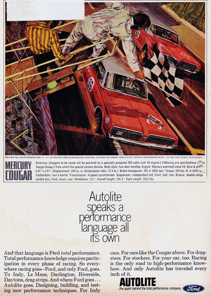 68 Ford Mercury Couger Autolite Ad