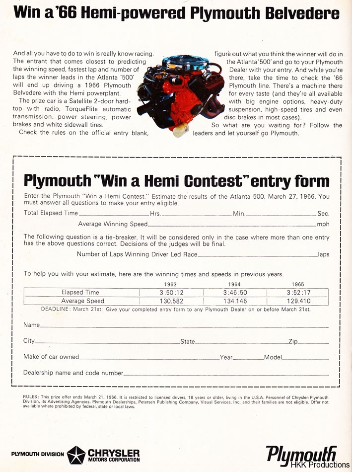 Win A 66 Plymouth Hemi Entry Form